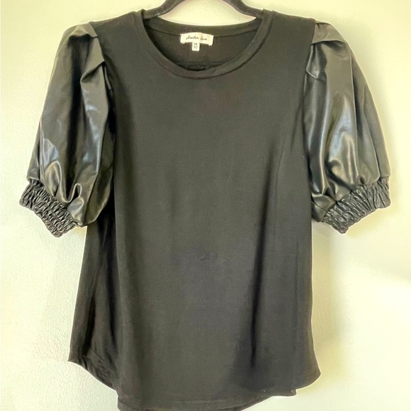Another Love Size XS Black Puff Pleated Vegan Leather Sleeve Pullover Top - Picture 2 of 6
